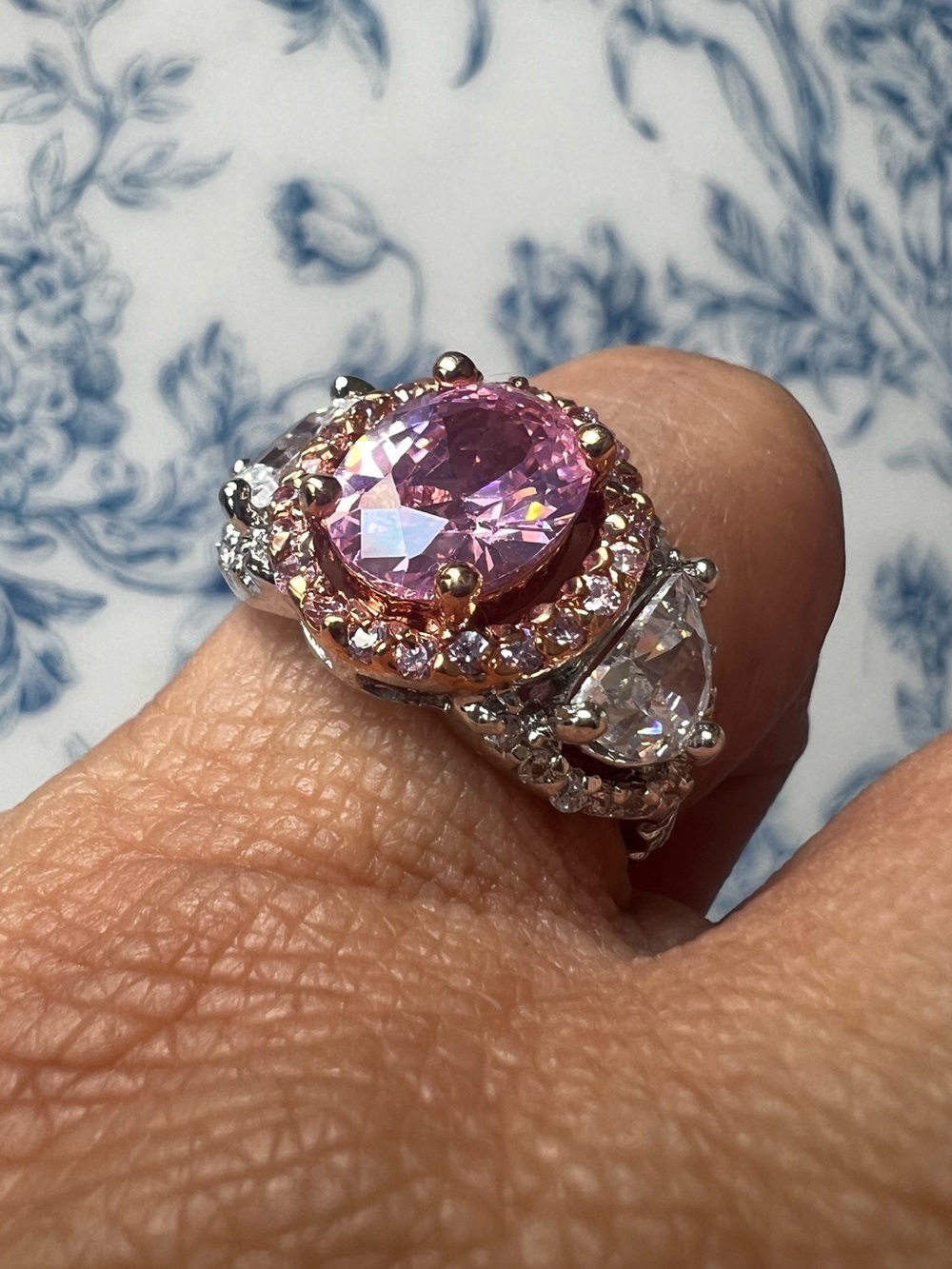 Pink CZ Halo Ring Two-Tone Silver & Rose Gold Size 6.75 #67515